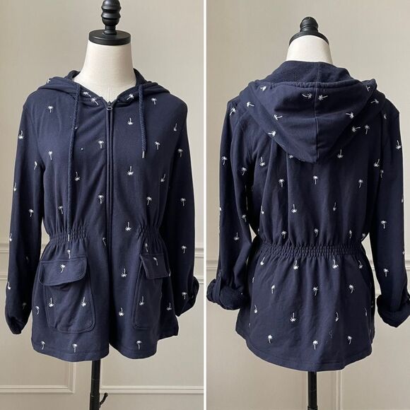 Talbots French Terry Palm Tree Embroidered Full Zip Hoodie Navy Blue M Petite - Picture 1 of 9